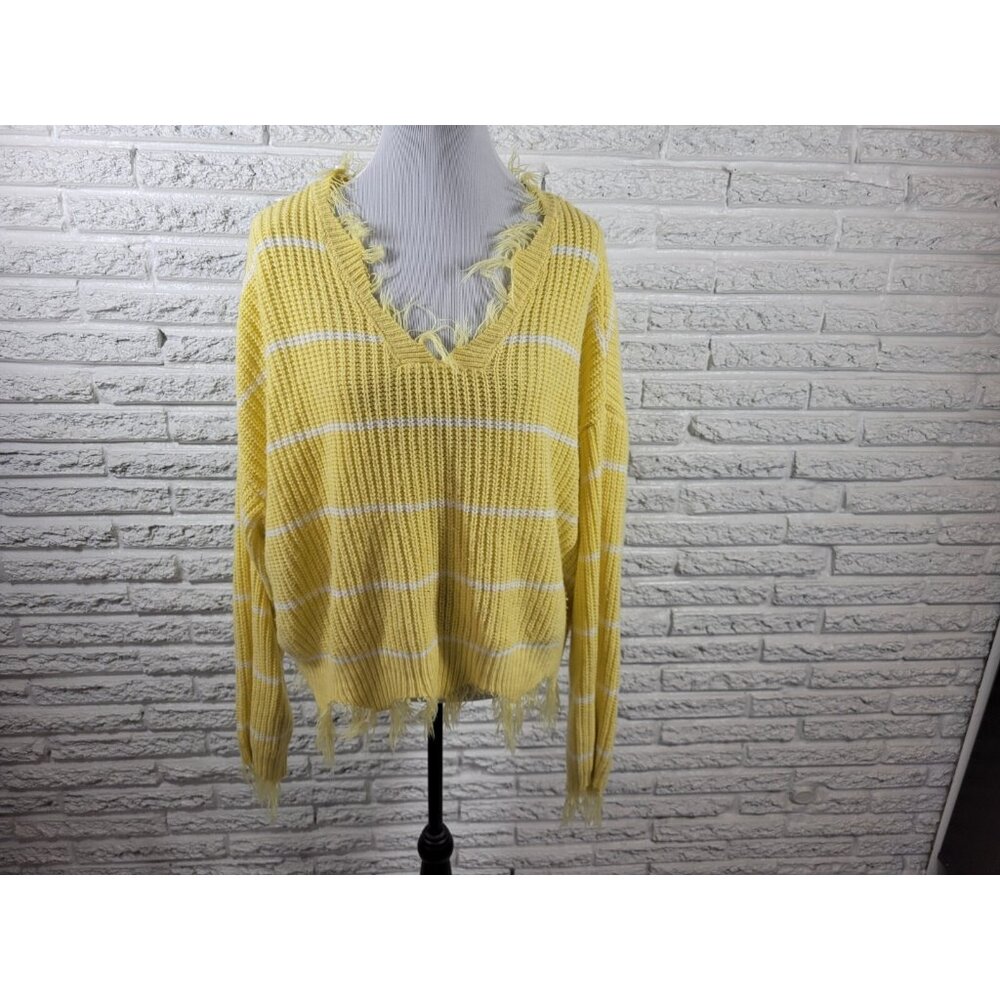 Rue 21 Sweater 2X Yellow Striped Knit Pullover VNeck Fringe Plus Size SWE152E